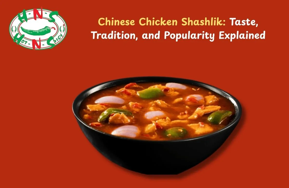 Delicious Chinese Chicken Shashlik served with colorful vegetables and sauce.