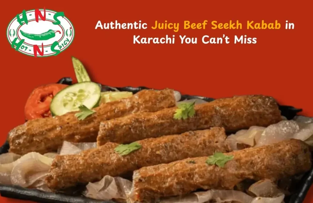 Juicy beef Seekh Kabab served hot with perfect spices, showcasing authentic flavors in Karachi cuisine.