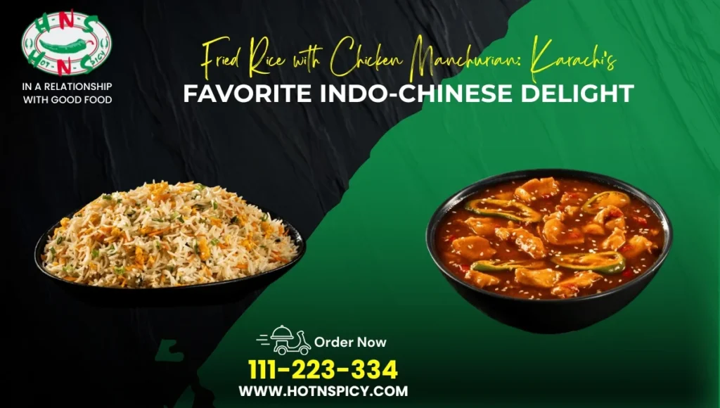 Plate of fried rice with chicken Manchurian, garnished and served as a popular Indo-Chinese dish.
